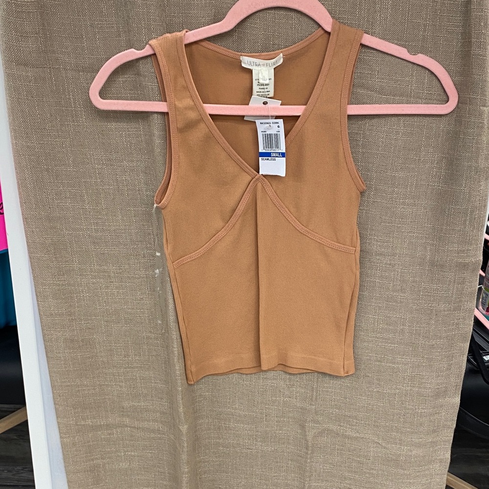 Ultra Flirt Women's Tan Ribbed Seam-Detail Tank
